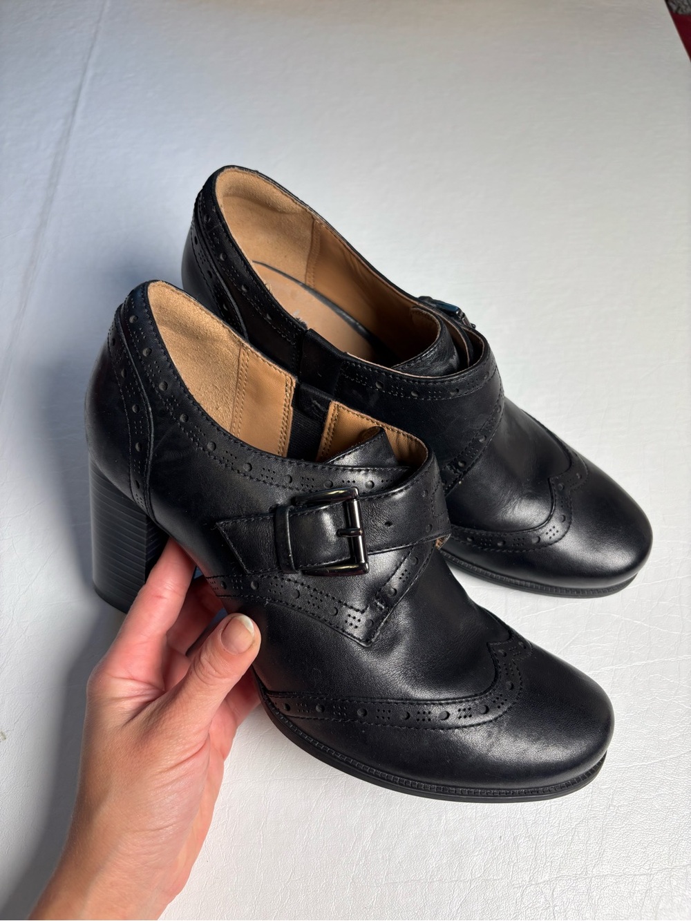 Clarks Black Leather Heeled Oxford Boots with Buckle